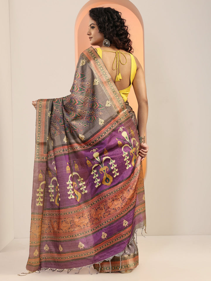 Grey Printed Silk Blend Saree With Unstitched Blouse Piece