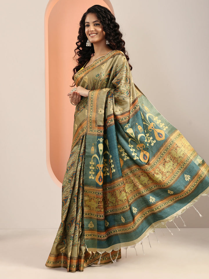 Teal Printed Silk Blend Saree With Unstitched Blouse Piece