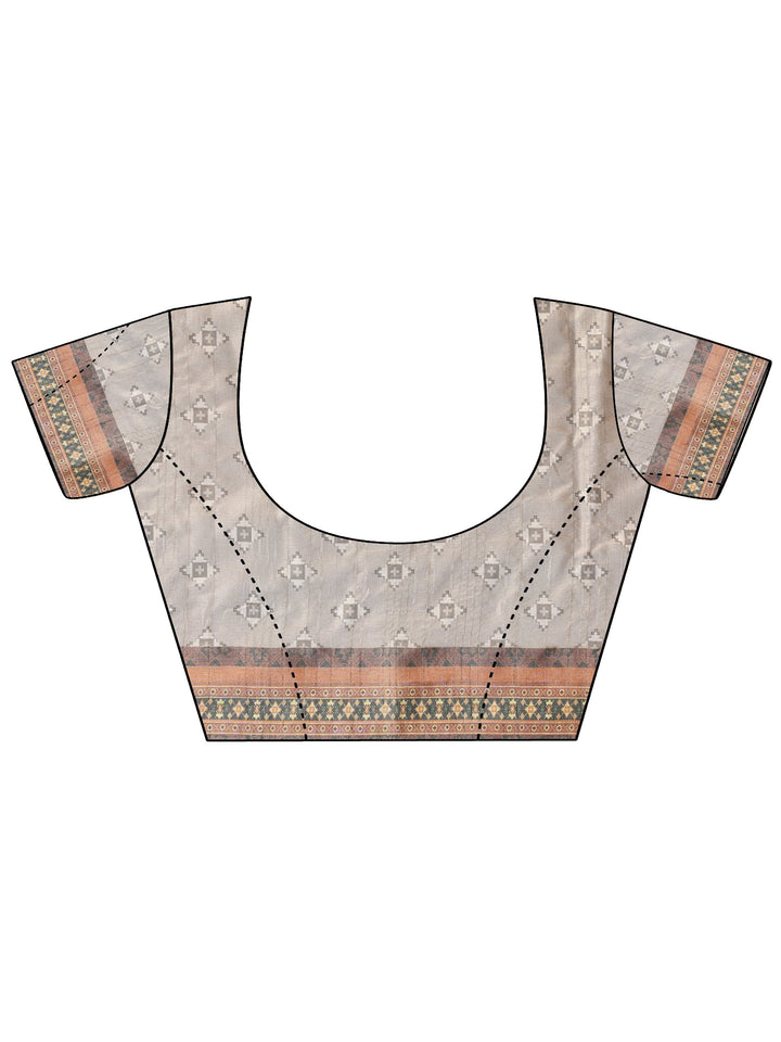 Teal Printed Silk Blend Saree With Unstitched Blouse Piece