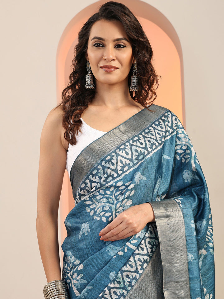 Blue Printed Silk Blend Saree With Unstitched Blouse Piece