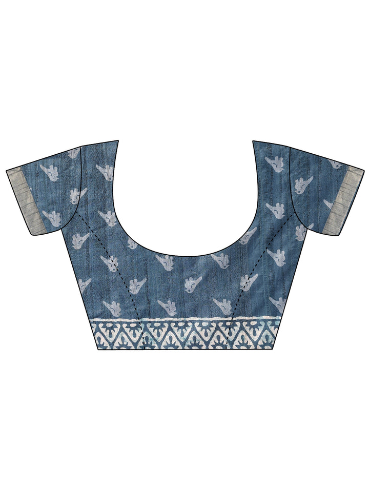 Blue Printed Silk Blend Saree With Unstitched Blouse Piece