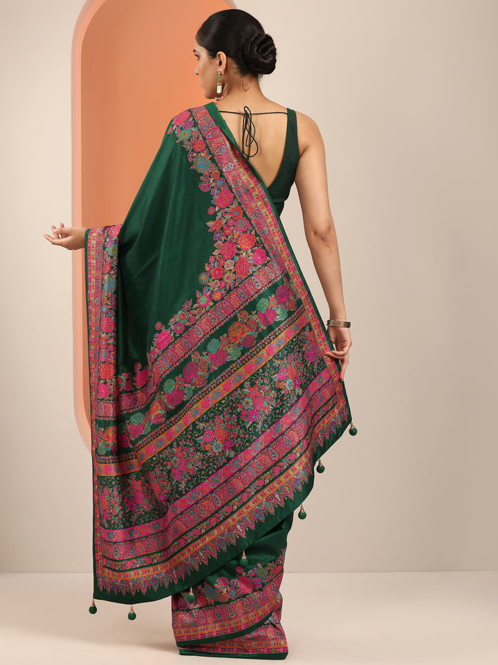 Green Printed Silk Blend Saree With Unstitched Blouse Piece
