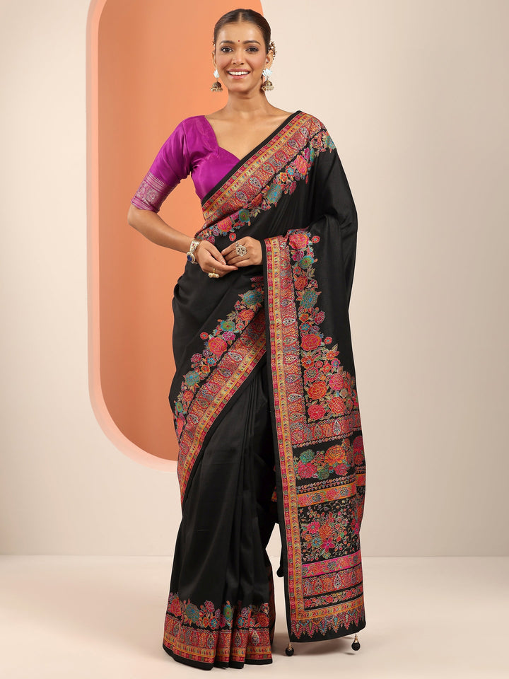 Black Printed Silk Blend Saree With Unstitched Blouse Piece