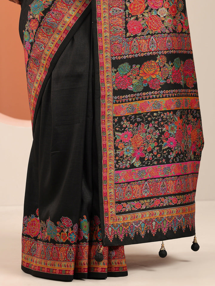 Black Printed Silk Blend Saree With Unstitched Blouse Piece