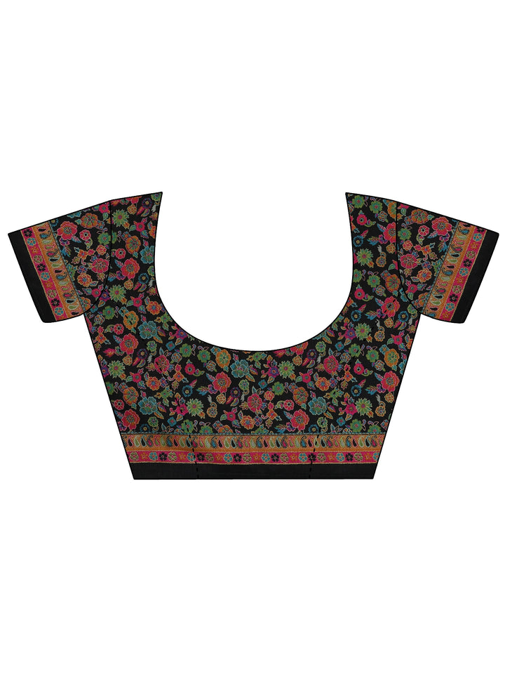 Black Printed Silk Blend Saree With Unstitched Blouse Piece