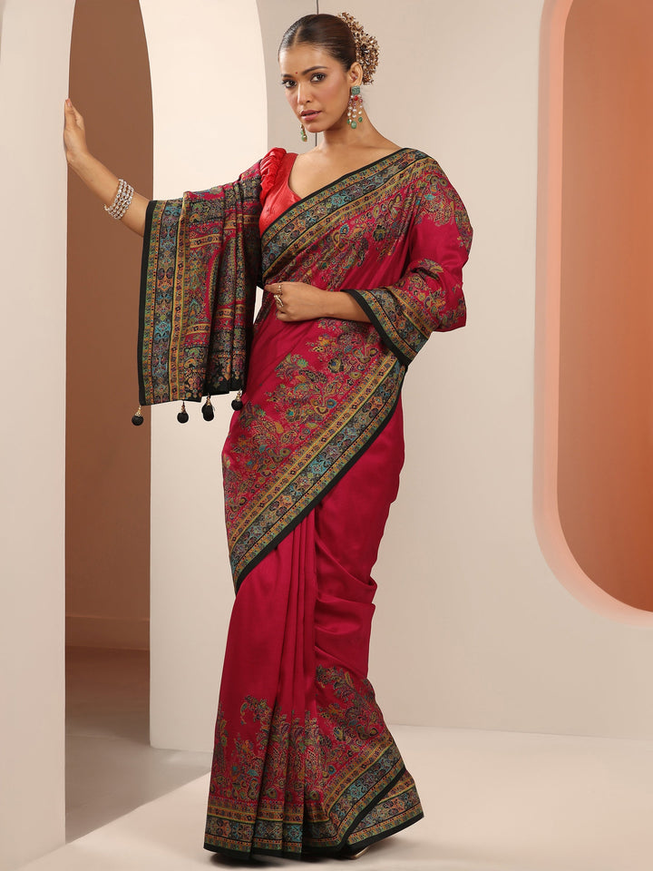 Red Printed Silk Blend Saree With Unstitched Blouse Piece