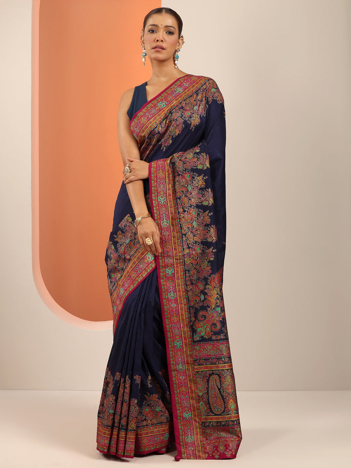 Navy Blue Printed Silk Blend Saree With Unstitched Blouse Piece