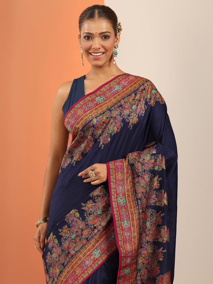 Navy Blue Printed Silk Blend Saree With Unstitched Blouse Piece