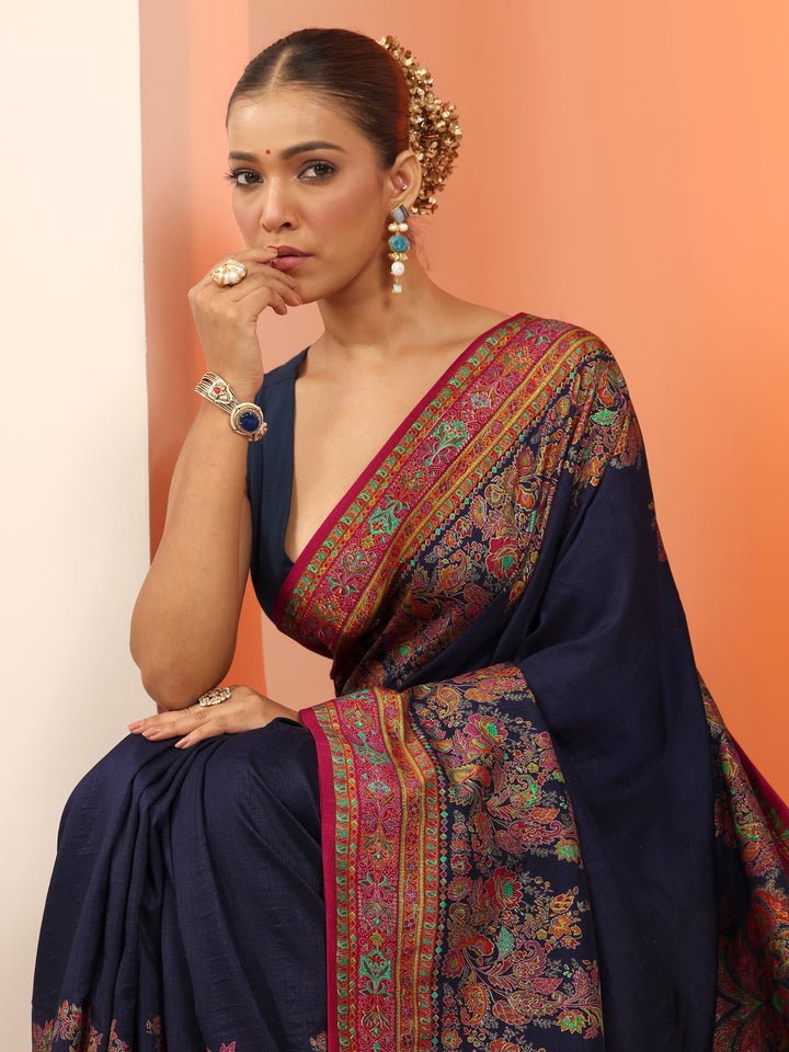 Navy Blue Printed Silk Blend Saree With Unstitched Blouse Piece