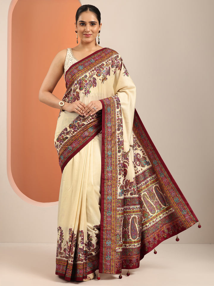 Cream Printed Silk Blend Saree With Unstitched Blouse Piece