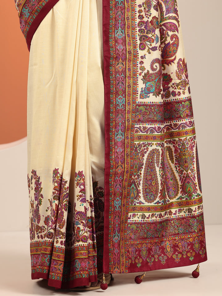 Cream Printed Silk Blend Saree With Unstitched Blouse Piece