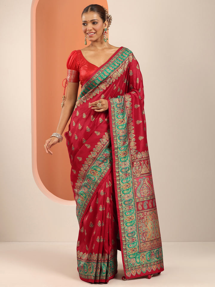 Red Printed Silk Blend Saree With Unstitched Blouse Piece