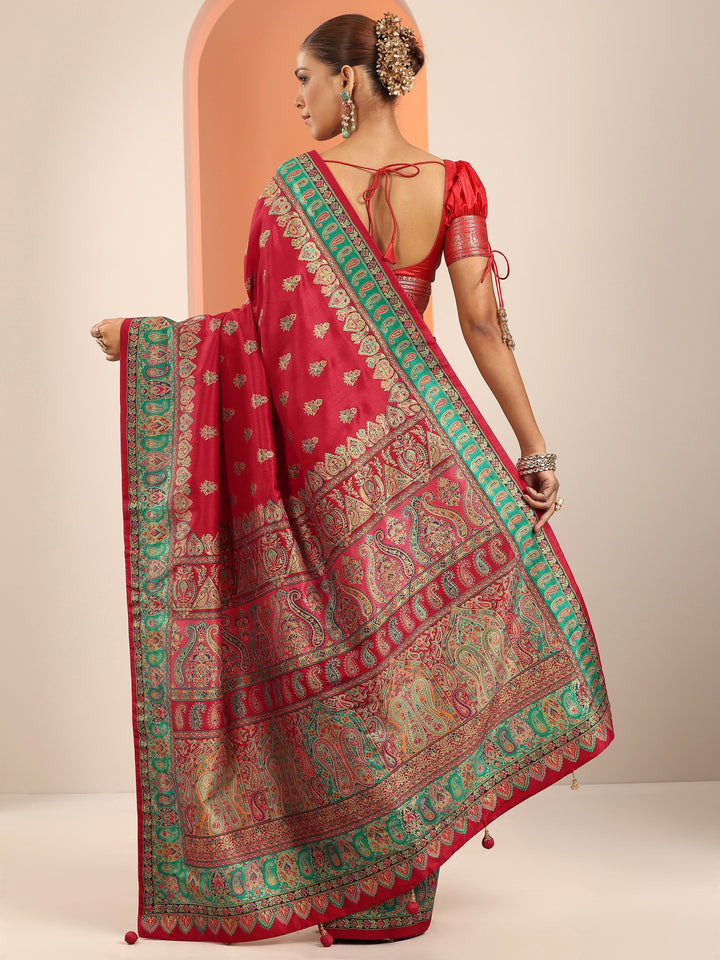 Red Printed Silk Blend Saree With Unstitched Blouse Piece