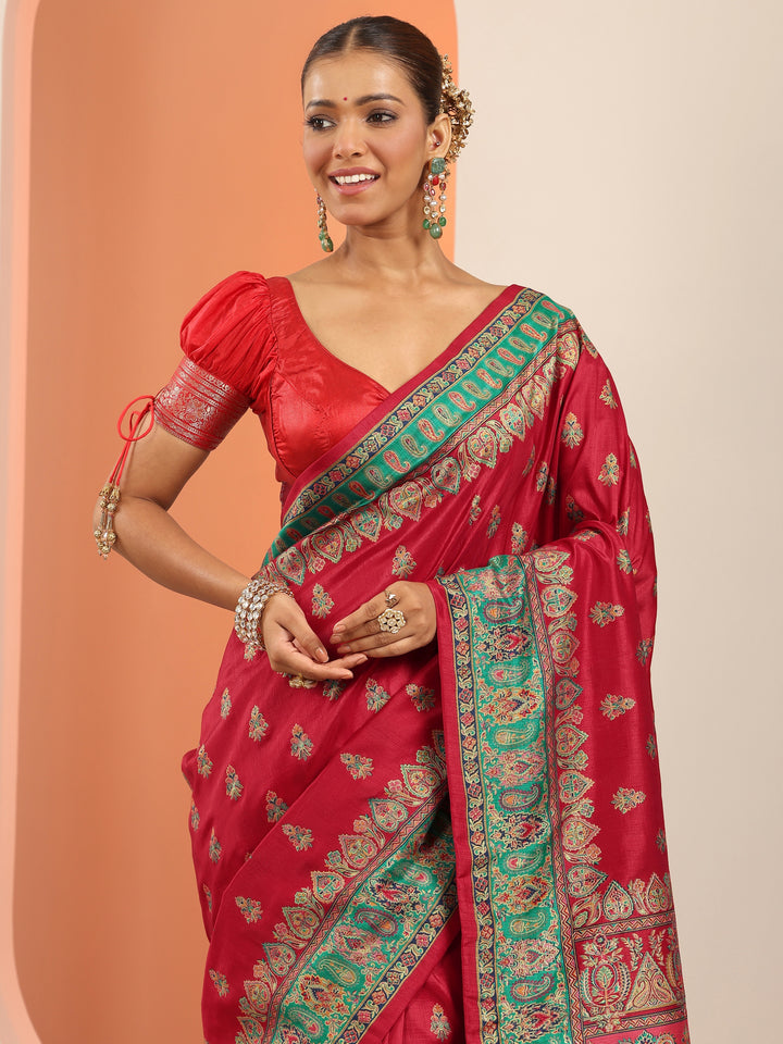 Red Printed Silk Blend Saree With Unstitched Blouse Piece