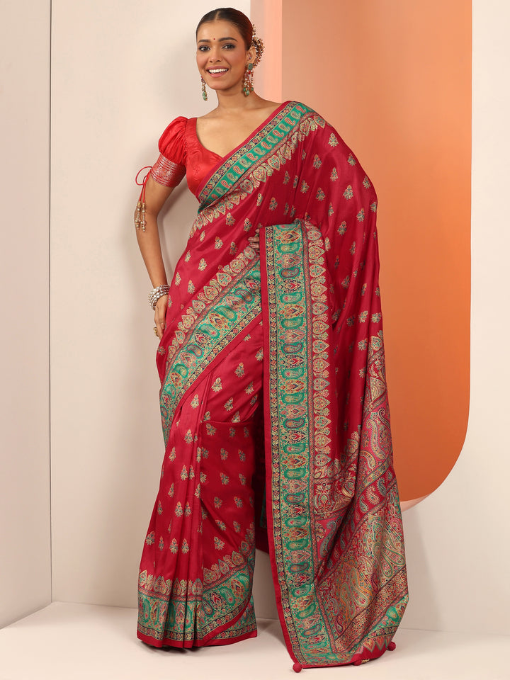 Red Printed Silk Blend Saree With Unstitched Blouse Piece