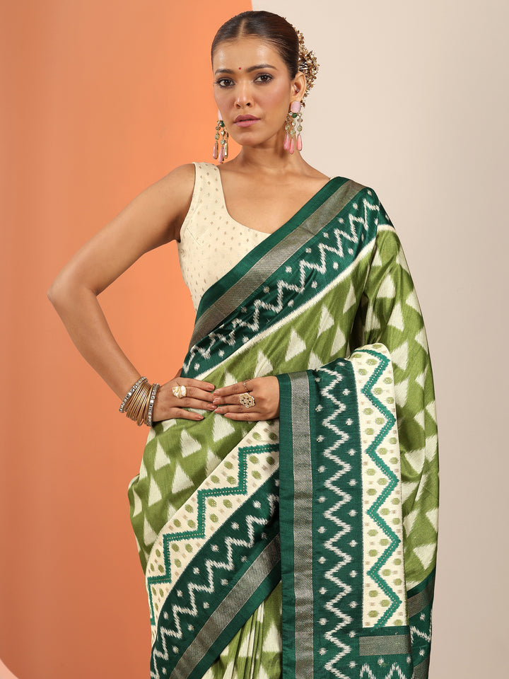 Green Printed Silk Blend Saree With Unstitched Blouse Piece