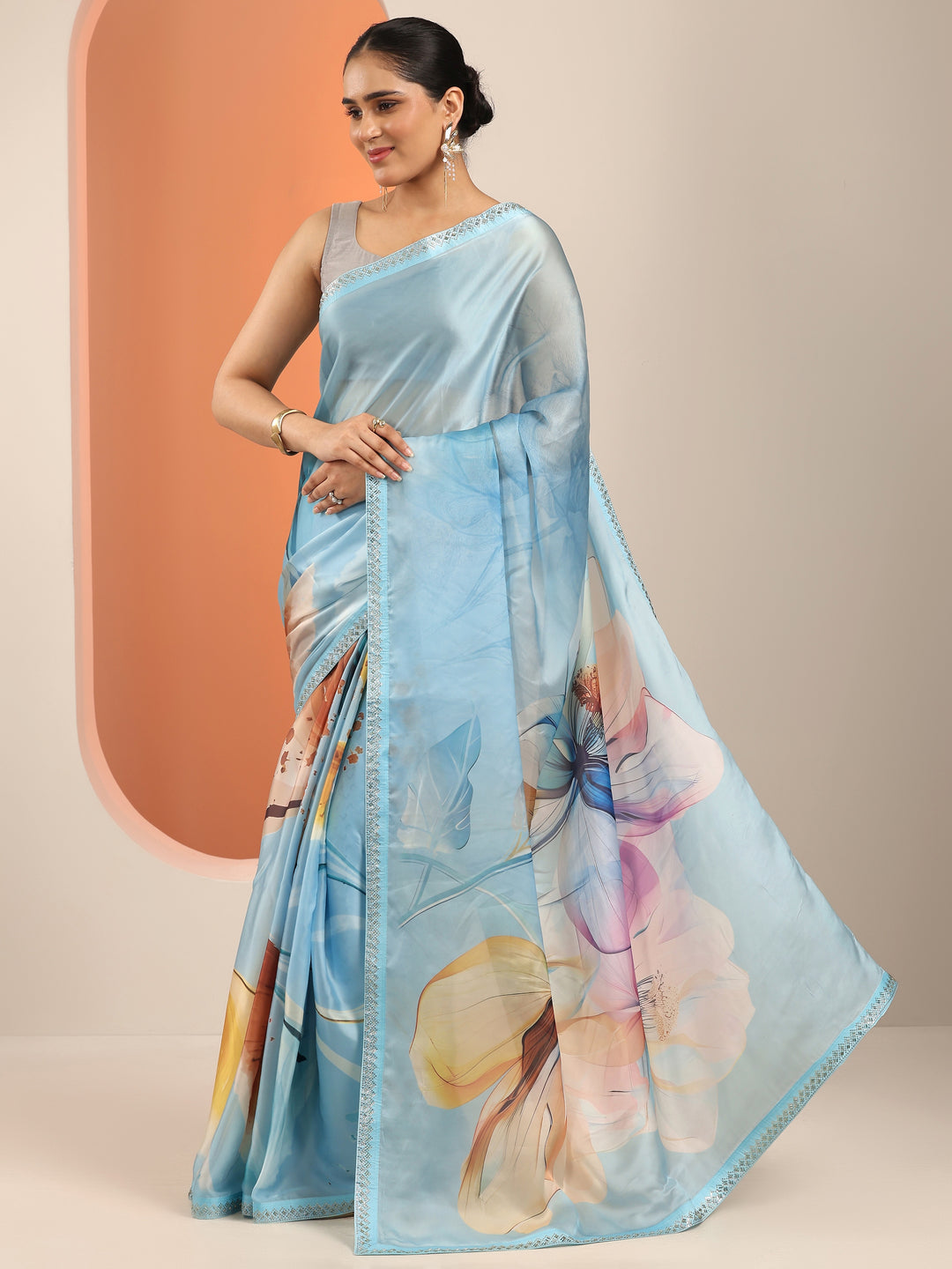 Blue Printed Organza Saree With Unstitched Blouse Piece