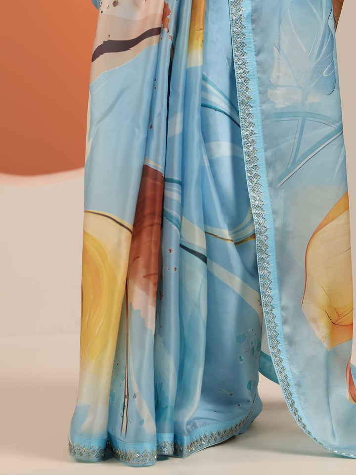 Blue Printed Organza Saree With Unstitched Blouse Piece