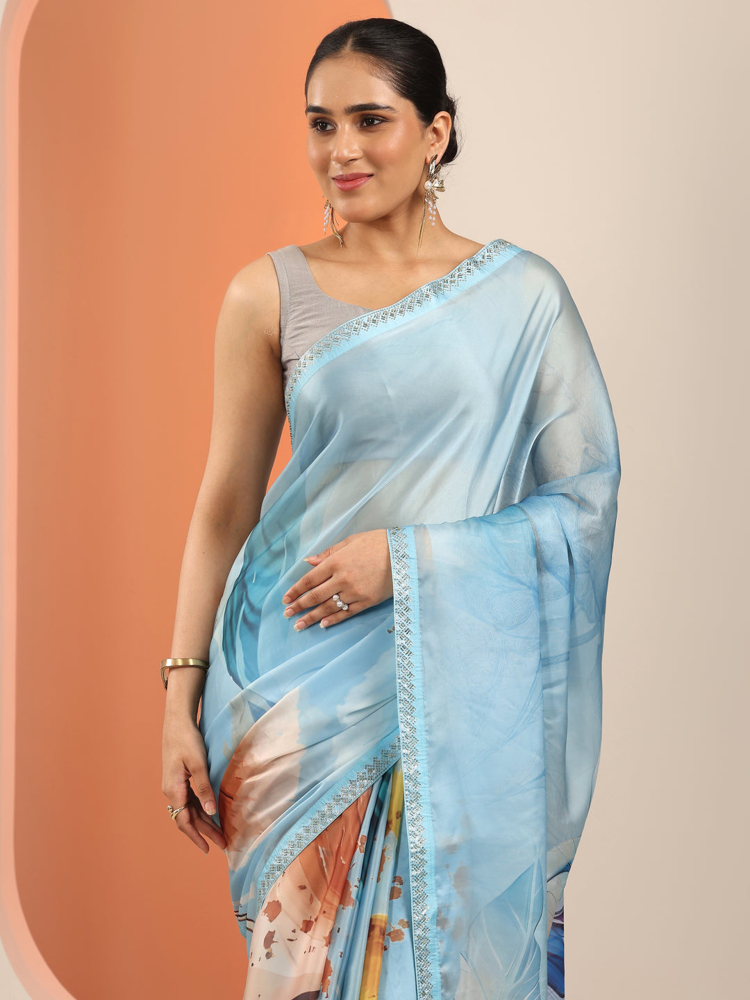 Blue Printed Organza Saree With Unstitched Blouse Piece