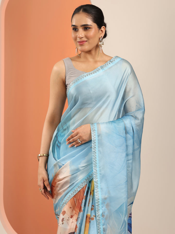 Blue Printed Organza Saree With Unstitched Blouse Piece
