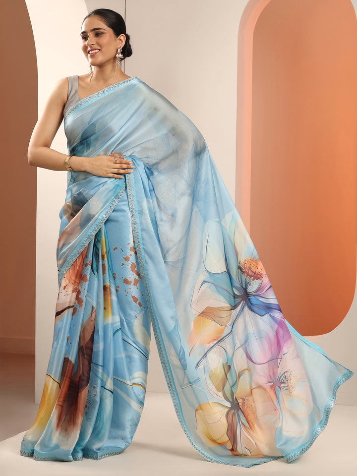 Blue Printed Organza Saree With Unstitched Blouse Piece