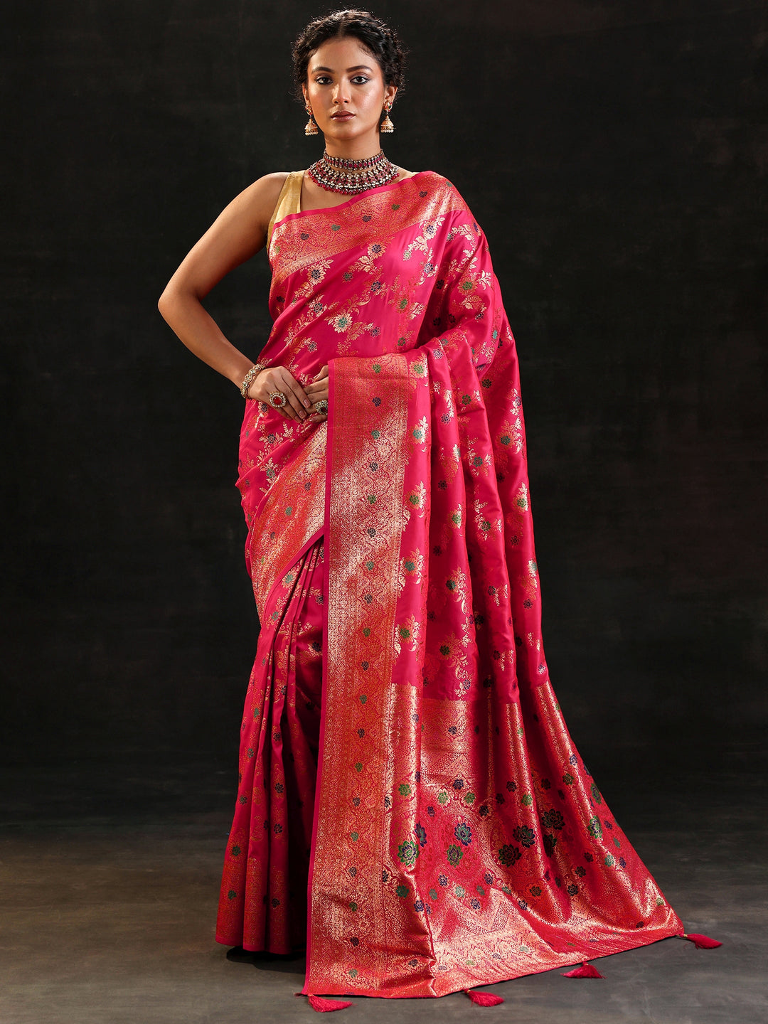 Pink Woven Design Silk Blend Saree With Unstitched Blouse Piece