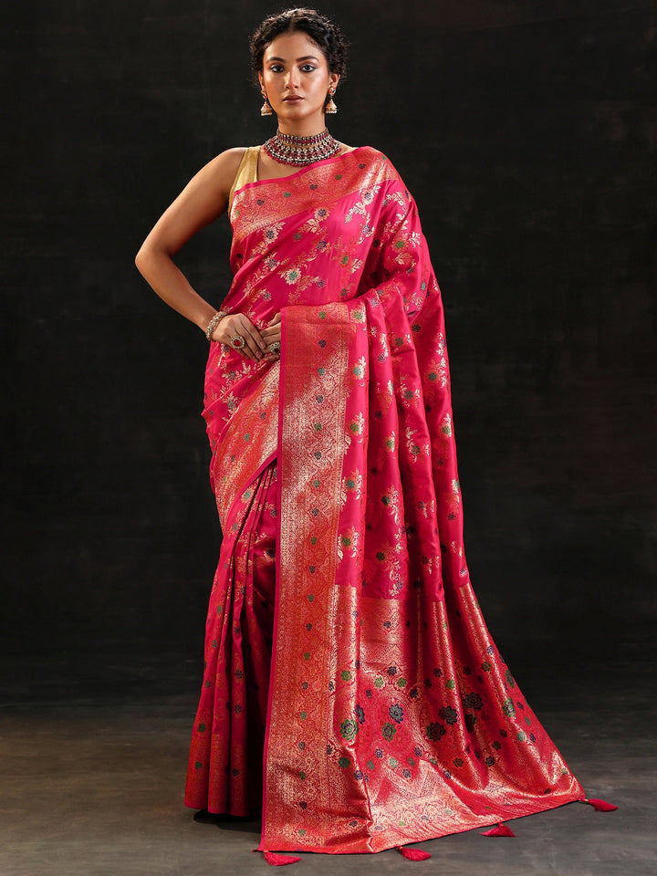 Pink Woven Design Silk Blend Saree With Unstitched Blouse Piece
