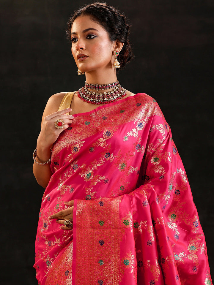 Pink Woven Design Silk Blend Saree With Unstitched Blouse Piece