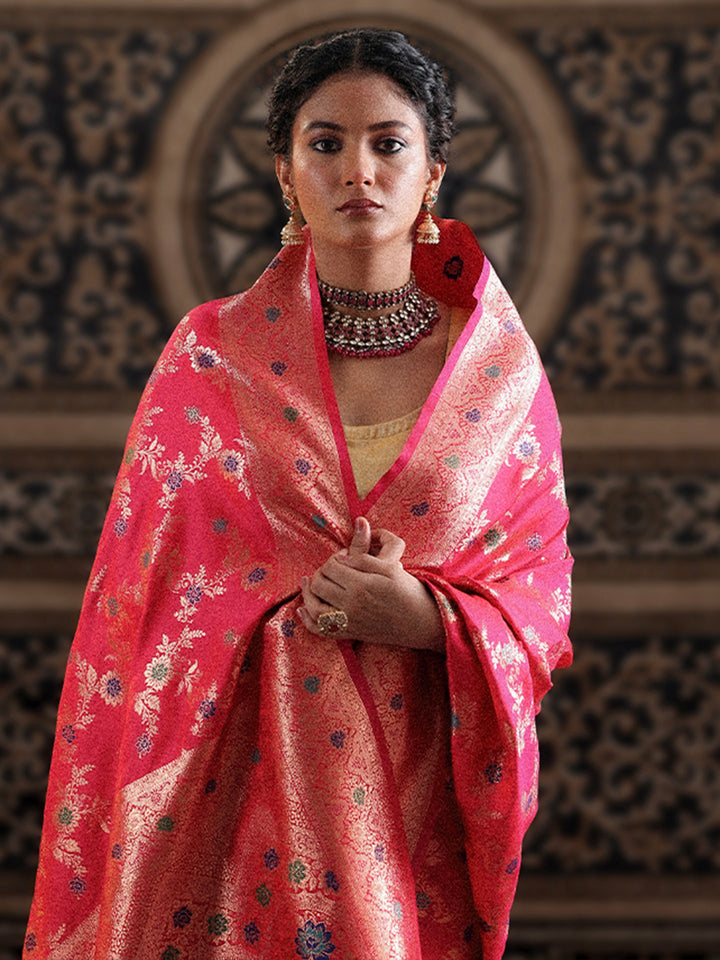 Pink Woven Design Silk Blend Saree With Unstitched Blouse Piece