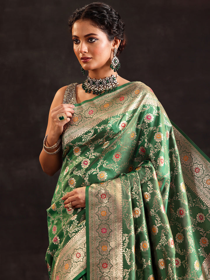 Green Woven Design Silk Blend Saree With Unstitched Blouse Piece