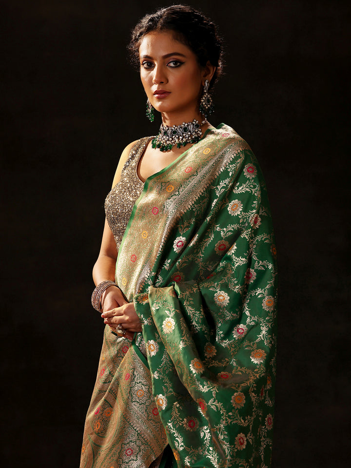 Green Woven Design Silk Blend Saree With Unstitched Blouse Piece