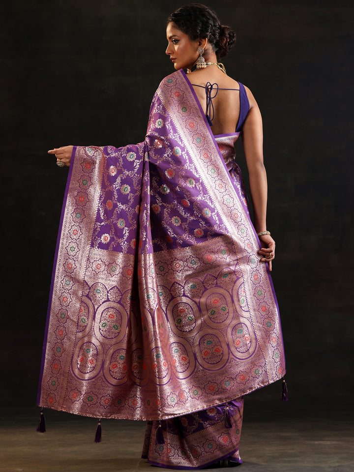 Purple Woven Design Banarasi Silk Blend Saree With Unstitched Blouse Piece