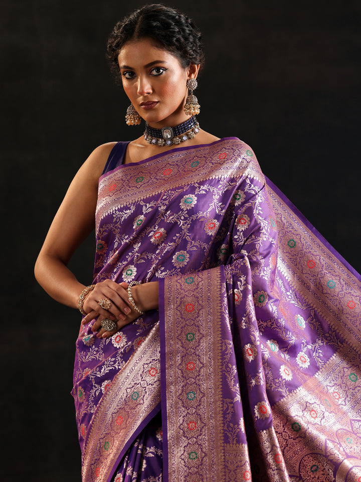 Purple Woven Design Banarasi Silk Blend Saree With Unstitched Blouse Piece