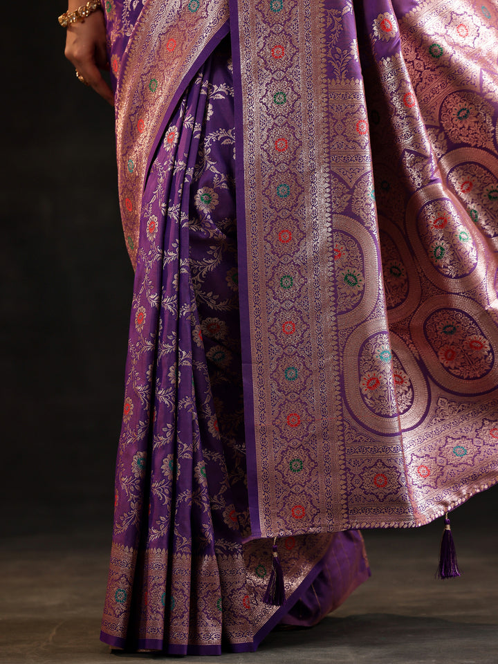 Purple Woven Design Banarasi Silk Blend Saree With Unstitched Blouse Piece