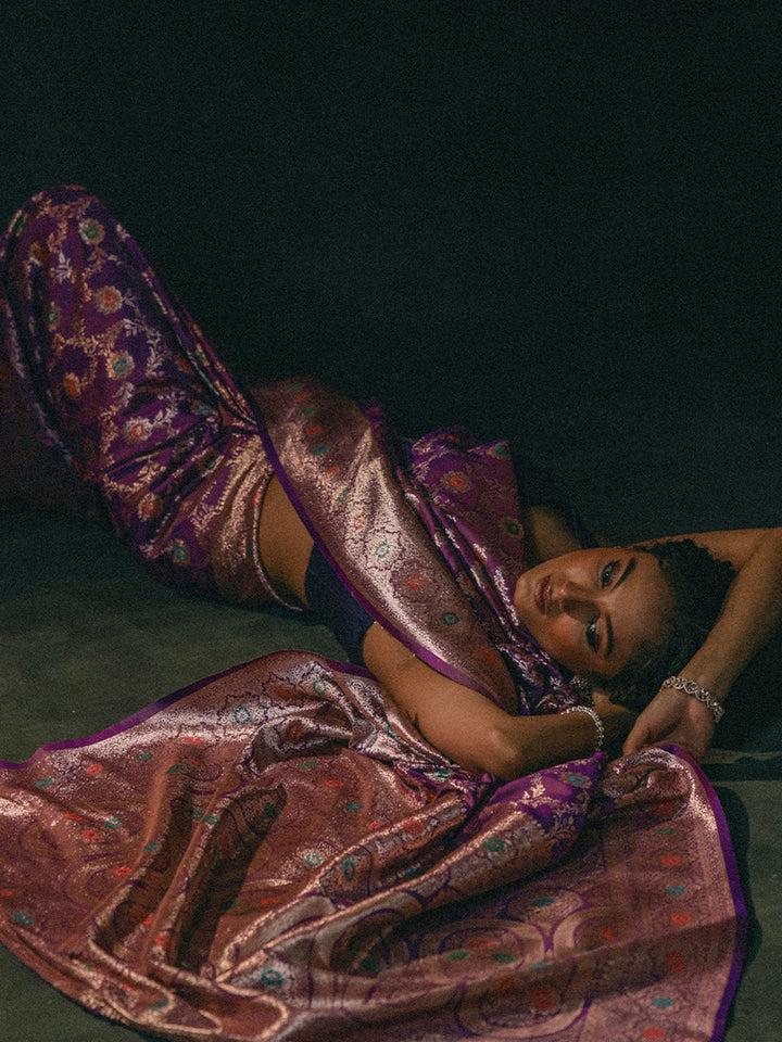 Purple Woven Design Banarasi Silk Blend Saree With Unstitched Blouse Piece