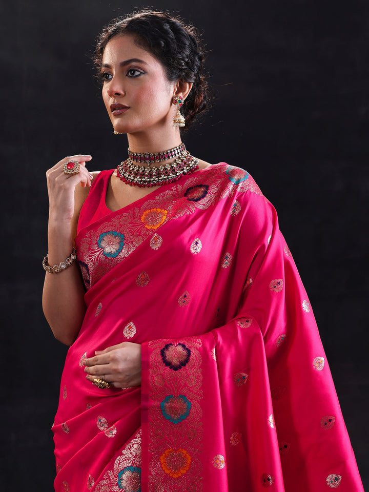Pink Woven Design Silk Blend Saree With Unstitched Blouse Piece