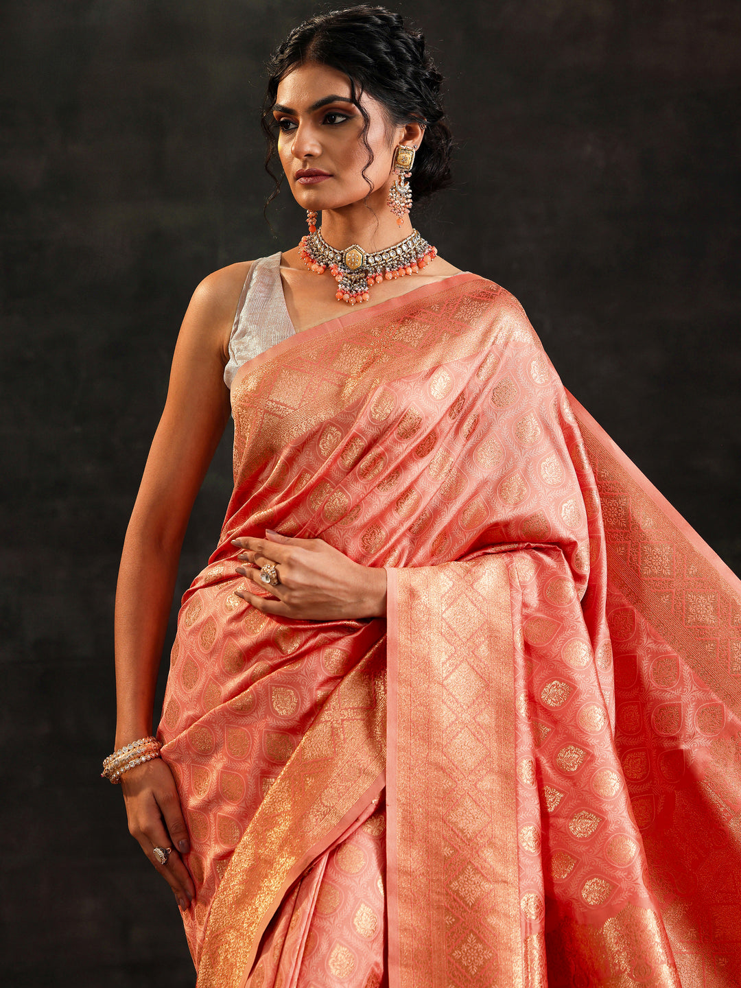 Peach Woven Design Banarasi Silk Blend Saree With Unstitched Blouse Piece