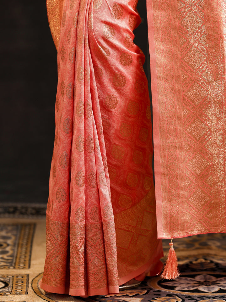 Peach Woven Design Banarasi Silk Blend Saree With Unstitched Blouse Piece