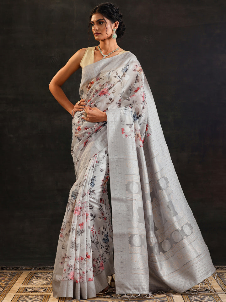 Grey Printed Chanderi Saree With Unstitched Blouse Piece