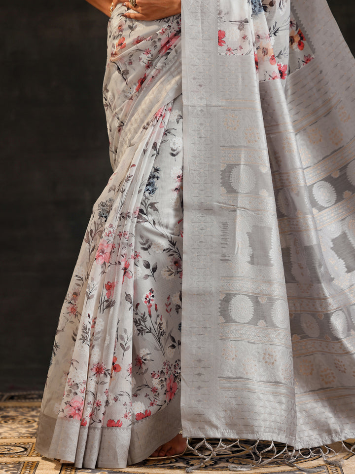 Grey Printed Chanderi Saree With Unstitched Blouse Piece