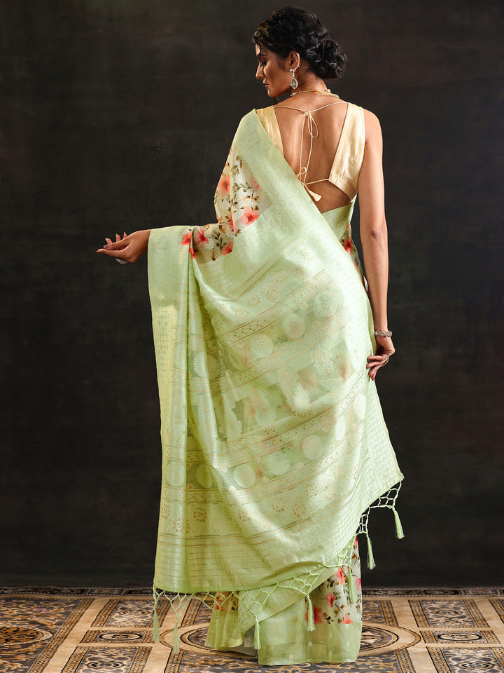 Green Printed Chanderi Saree With Unstitched Blouse Piece