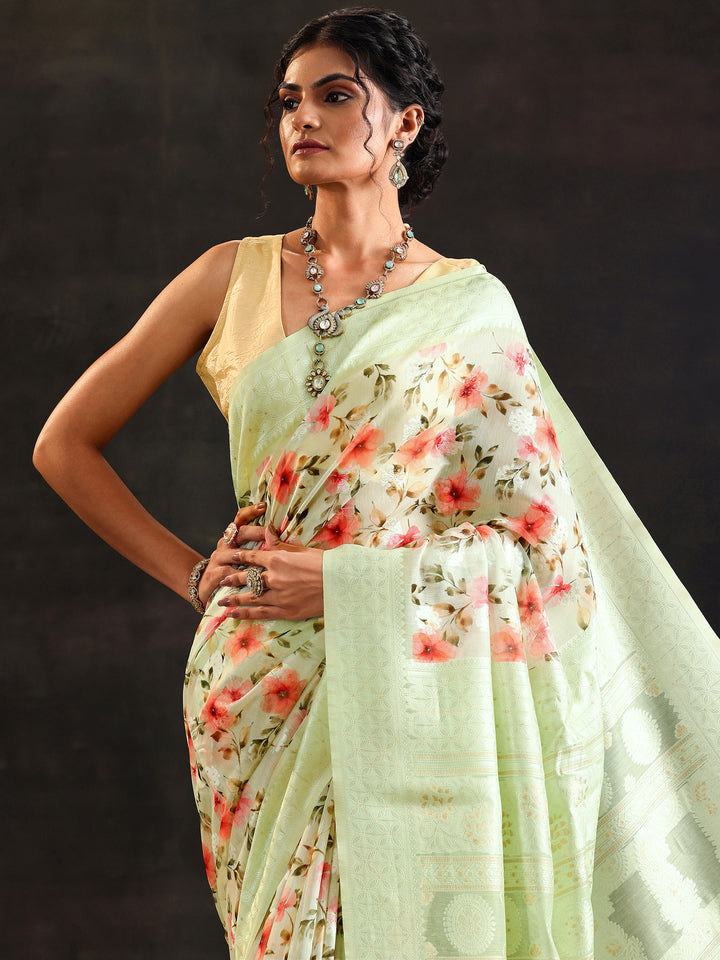 Green Printed Chanderi Saree With Unstitched Blouse Piece