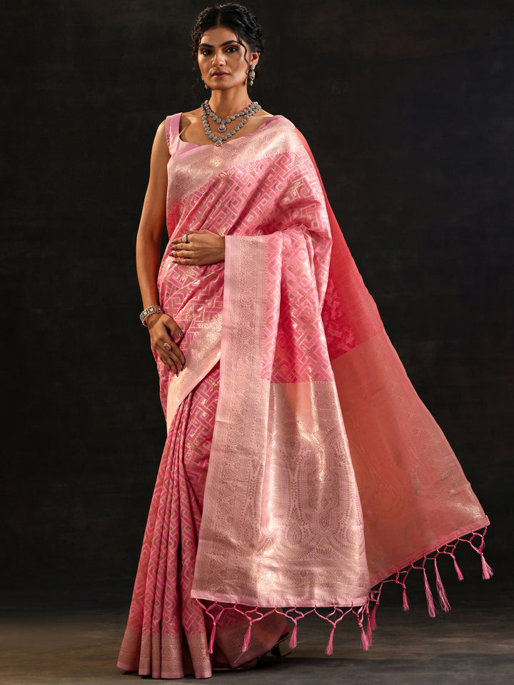 Pink Woven Design Silk Blend Saree With Unstitched Blouse Piece