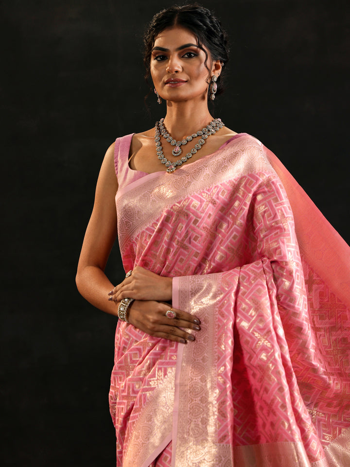 Pink Woven Design Silk Blend Saree With Unstitched Blouse Piece