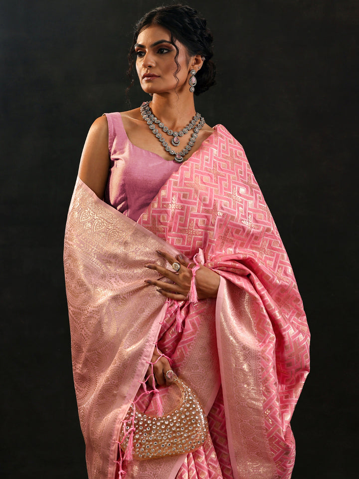 Pink Woven Design Silk Blend Saree With Unstitched Blouse Piece