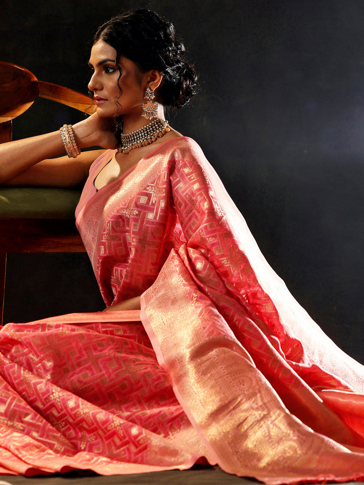 Peach Woven Design Silk Blend Saree With Unstitched Blouse Piece