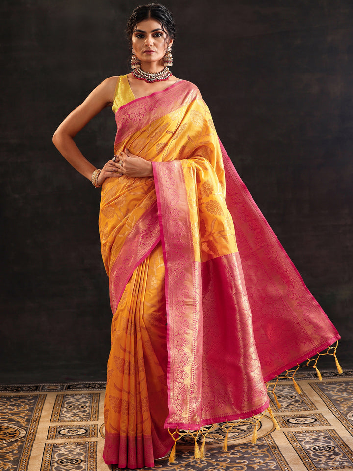 Yellow Woven Design Silk Blend Saree With Unstitched Blouse Piece