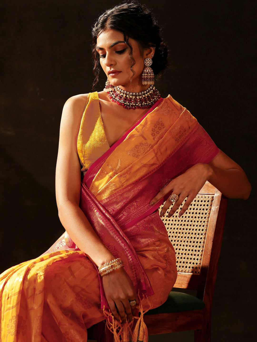 Yellow Woven Design Silk Blend Saree With Unstitched Blouse Piece