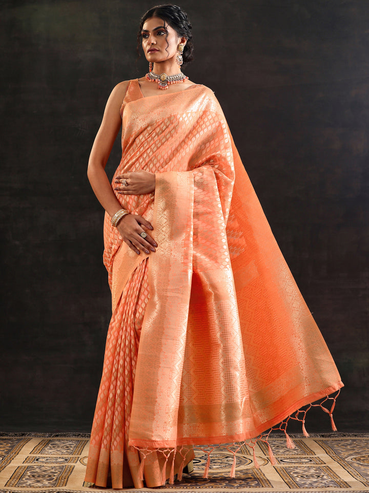 Orange Woven Design Silk Blend Saree With Unstitched Blouse Piece