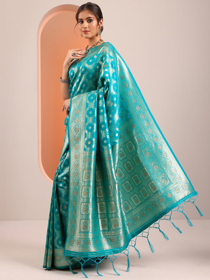 Blue Woven Design Banarasi Silk Blend Saree With Unstitched Blouse Piece